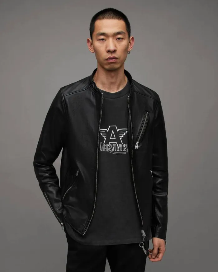 Harwood Leather Biker Jacket Black Men AllSaints Leather Jackets
