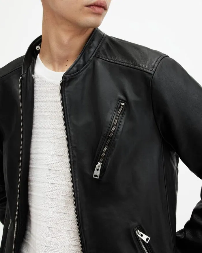 Harwood Leather Biker Jacket Black Men AllSaints Leather Jackets