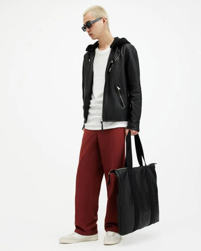Harwood Leather Biker Jacket Black Men AllSaints Leather Jackets