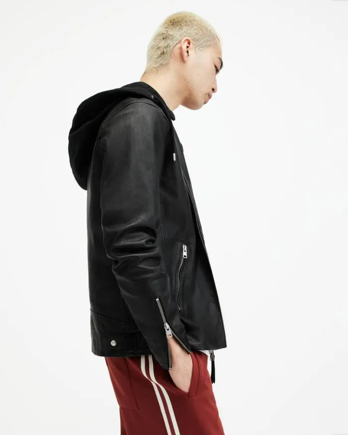 Harwood Leather Biker Jacket Black Men AllSaints Leather Jackets