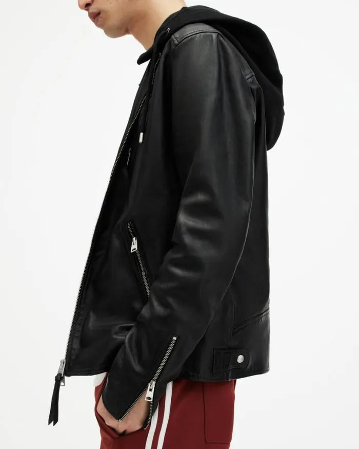 Harwood Leather Biker Jacket Black Men AllSaints Leather Jackets