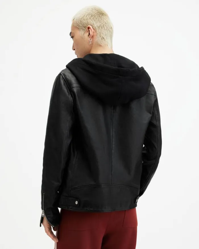 Harwood Leather Biker Jacket Black Men AllSaints Leather Jackets