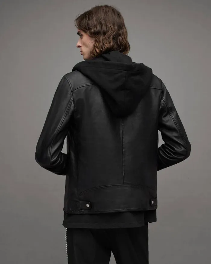 Harwood Leather Biker Jacket Black Men AllSaints Leather Jackets
