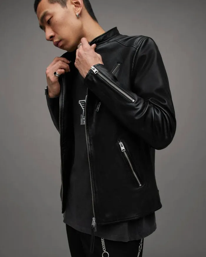 Harwood Leather Biker Jacket Black Men AllSaints Leather Jackets