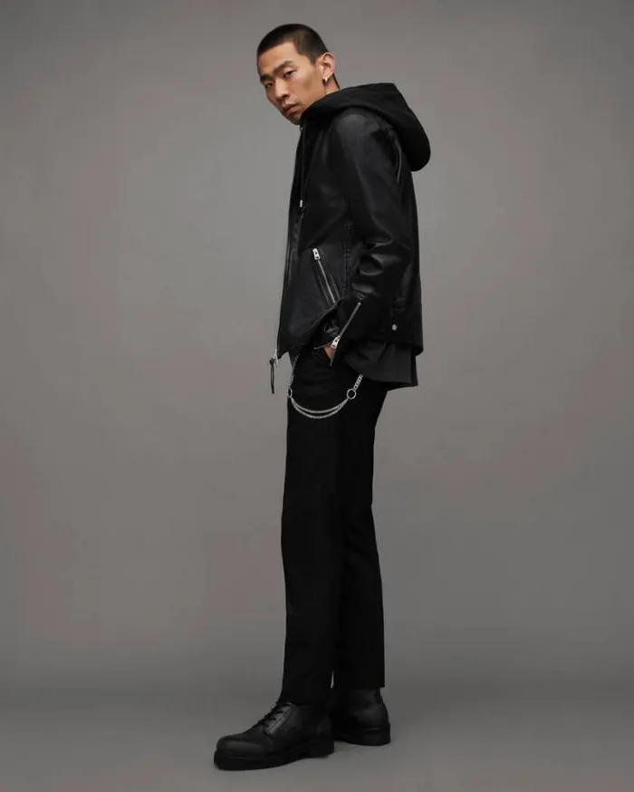 Harwood Leather Biker Jacket Black Men AllSaints Leather Jackets