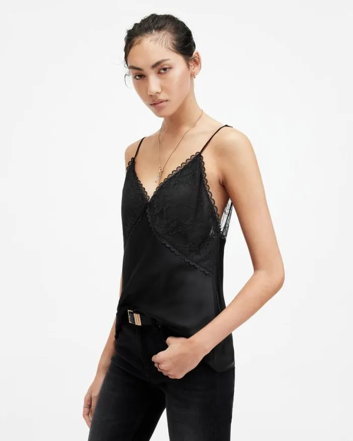 Immy Lace Panelled VNeck Cami Top Black Women AllSaints Tops and Shirts