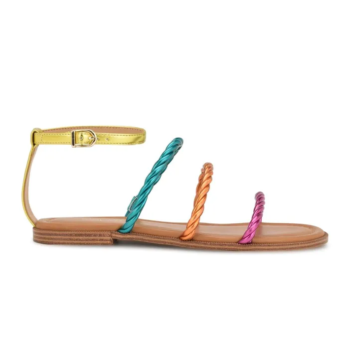 Ipster Ankle Strap Flat Sandals Pink Orange Multi Metallic Women Nine West Low Heel