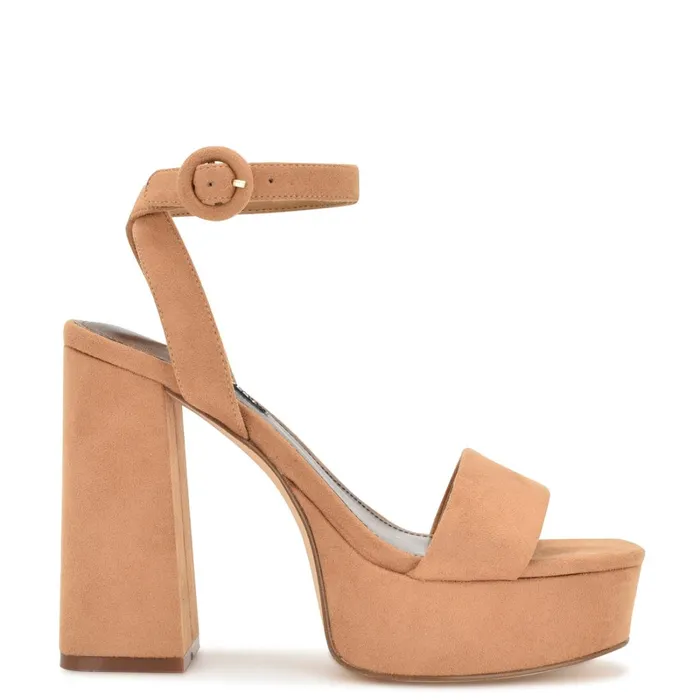 Jans Platform Sandals Cognac Suede Women Nine West High Heels