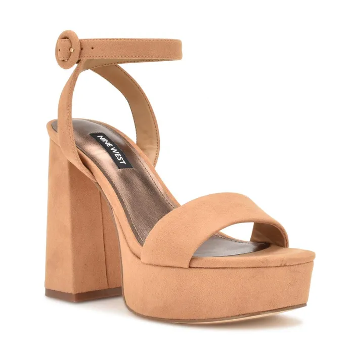 Jans Platform Sandals Cognac Suede Women Nine West High Heels Jans Platform Sandals Cognac Suede Women Nine West High Heels