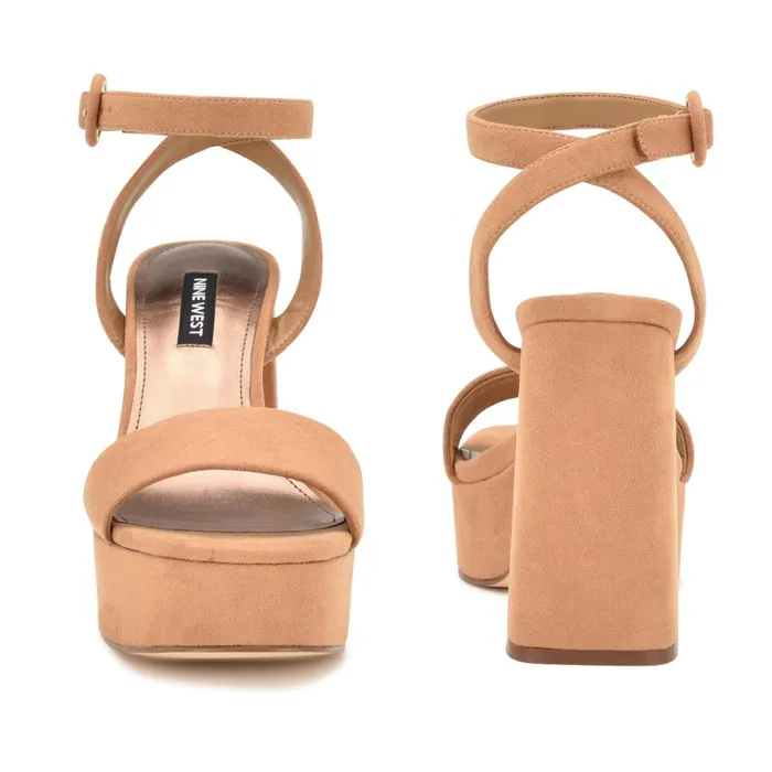 Jans Platform Sandals Cognac Suede Women Nine West High Heels Jans Platform Sandals Cognac Suede Women Nine West High Heels