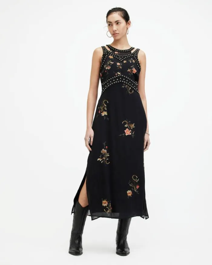 Jessie Tanana Floral Print Maxi Dress Jet Black Women AllSaints Dresses