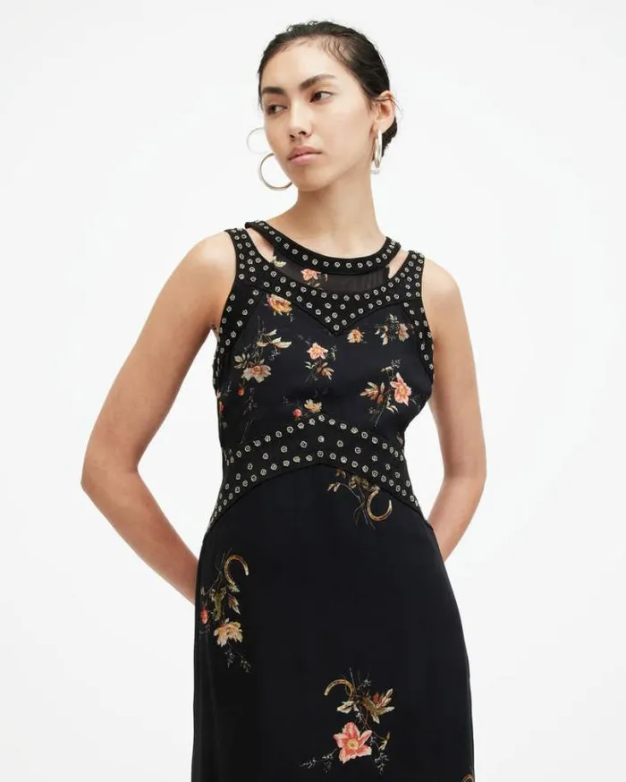 Jessie Tanana Floral Print Maxi Dress Jet Black Women AllSaints Dresses