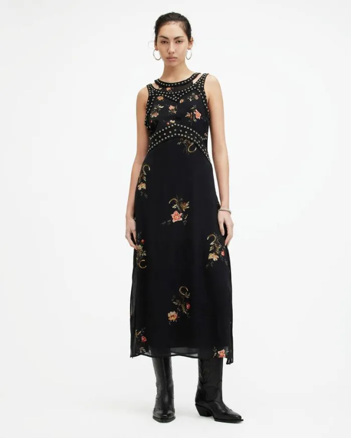 Jessie Tanana Floral Print Maxi Dress Jet Black Women AllSaints Dresses