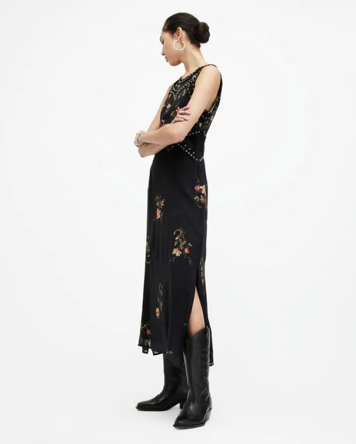 Jessie Tanana Floral Print Maxi Dress Jet Black Women AllSaints Dresses