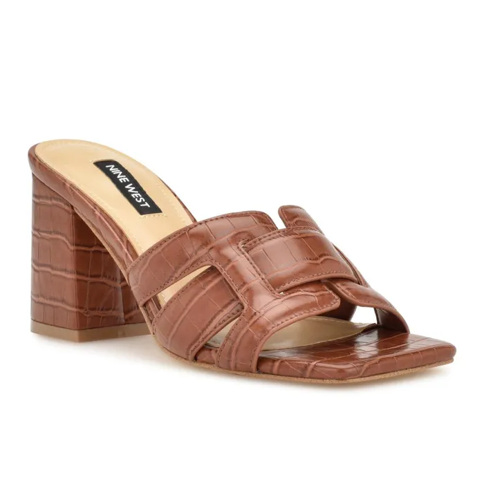 Kaelyn Heeled Slide Sandals Brown Croco Women Nine West Mid Heels