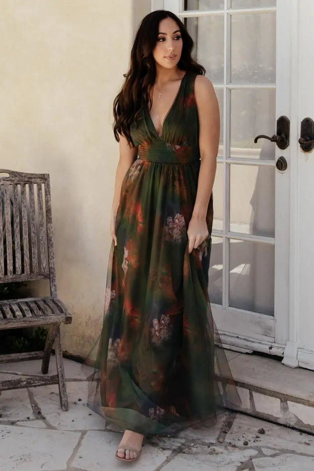 Kamila Tulle Maxi Dress Olive Multi Floral Women Baltic Born Bump Friendly