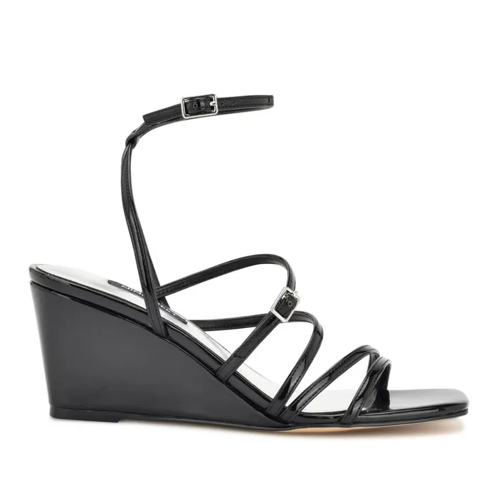 Keamer Ankle Strap Wedge Sandals Black Patent Women Nine West Mid Heels