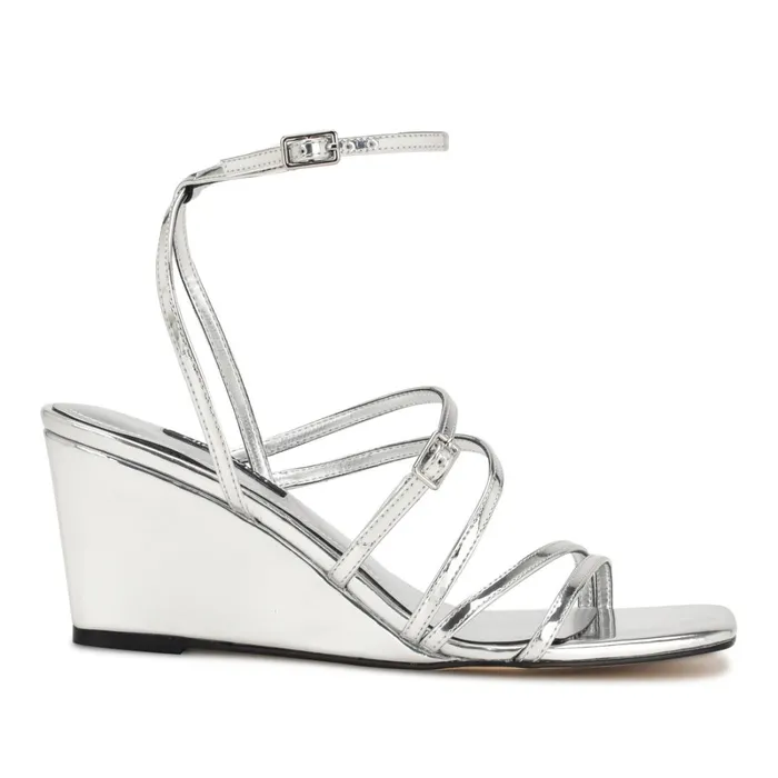 Keamer Ankle Strap Wedge Sandals Silver Mirror Metallic Women Nine West Mid Heels