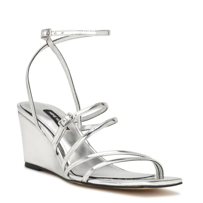 Keamer Ankle Strap Wedge Sandals Silver Mirror Metallic Women Nine West Sandals Keamer Ankle Strap Wedge Sandals Silver Mirror Metallic Women Nine West Sandals