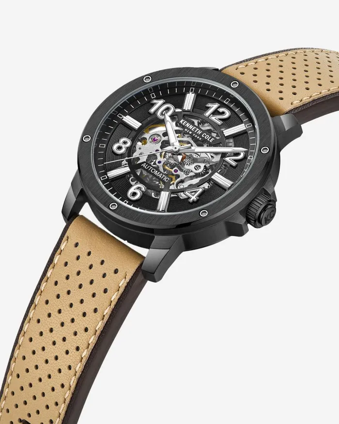 Kenneth Cole Watches Men Automatic Perforated Leather Strap Watch Brown