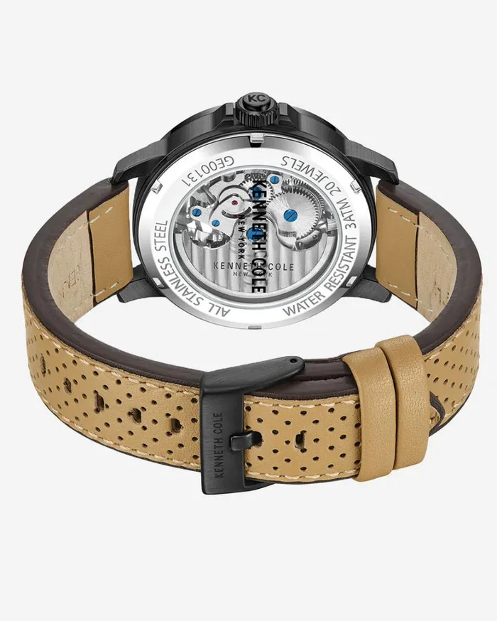 Kenneth Cole Watches Men Automatic Perforated Leather Strap Watch Brown