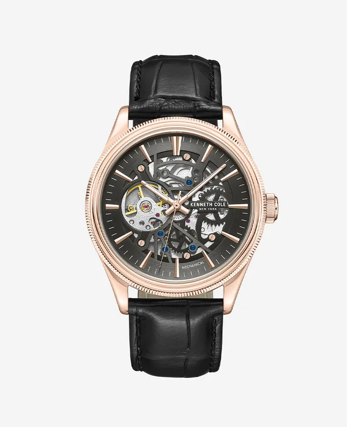 Kenneth Cole Watches Men Mechanical Black Leather Strap Watch Black