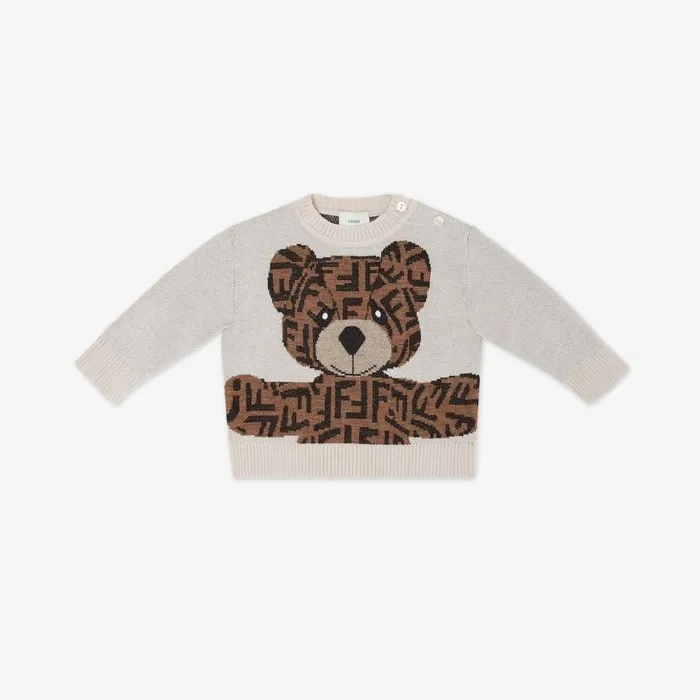 Kids Beige VirginWool Baby Jumper With Teddy Bear Fendi Baby Boy