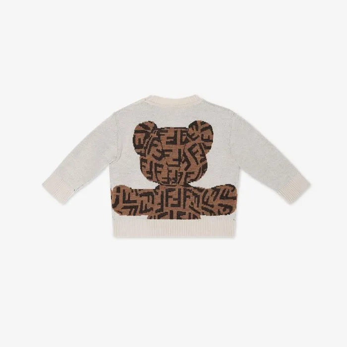 Kids Beige VirginWool Baby Jumper With Teddy Bear Fendi Baby Boy
