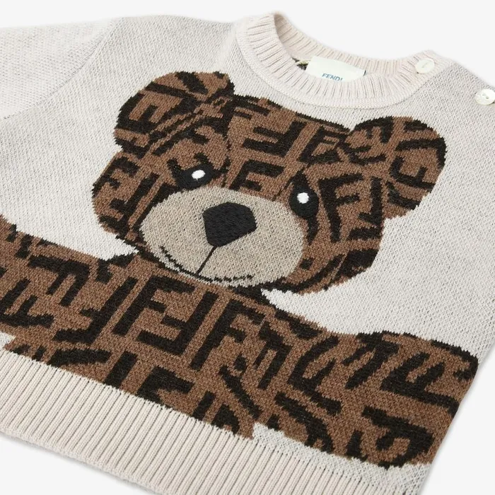 Kids Beige VirginWool Baby Jumper With Teddy Bear Fendi Baby Boy