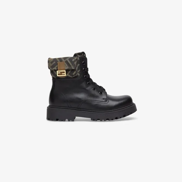 Kids Black Nappa Leather And Logo Fabric Junior Biker Jacket Black Fendi Shoes