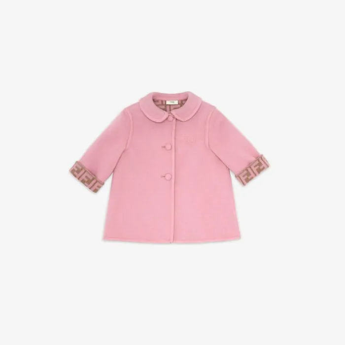 Kids Pink And DoubleFace Wool Cloth Baby Coat With Logo Pink Fendi Baby Girl