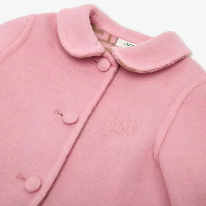 Kids Pink And DoubleFace Wool Cloth Baby Coat With Logo Pink Fendi Baby Girl