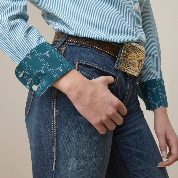 Kirby Stretch Shirt Crystal Teal Stripe Women Ariat TShirts and Tops