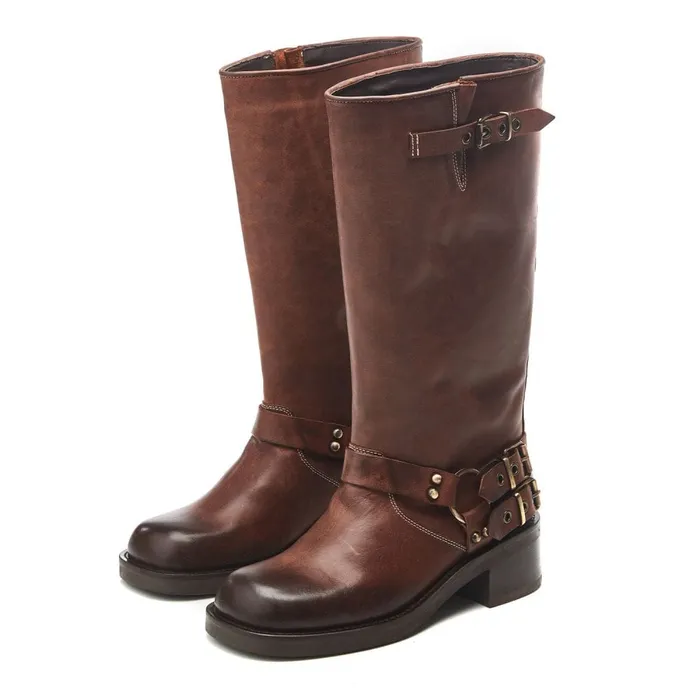 Knee High Boots Women Moda In Pelle Bsoleful BBiker Tan Leather