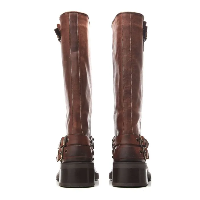 Knee High Boots Women Moda In Pelle Bsoleful BBiker Tan Leather