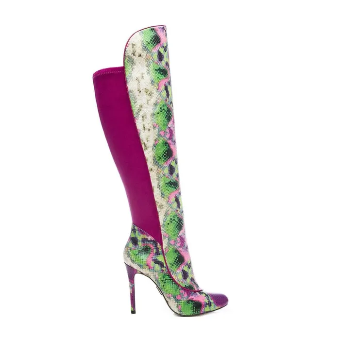 Knee High Boots Women Moda In Pelle Savi Purple Snake Print Leather