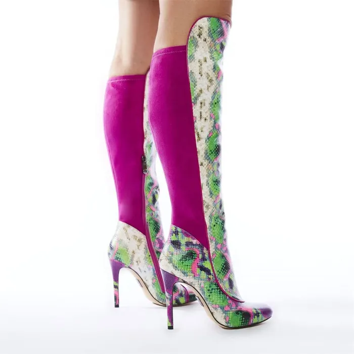 Knee High Boots Women Moda In Pelle Savi Purple Snake Print Leather