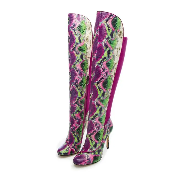 Knee High Boots Women Moda In Pelle Savi Purple Snake Print Leather