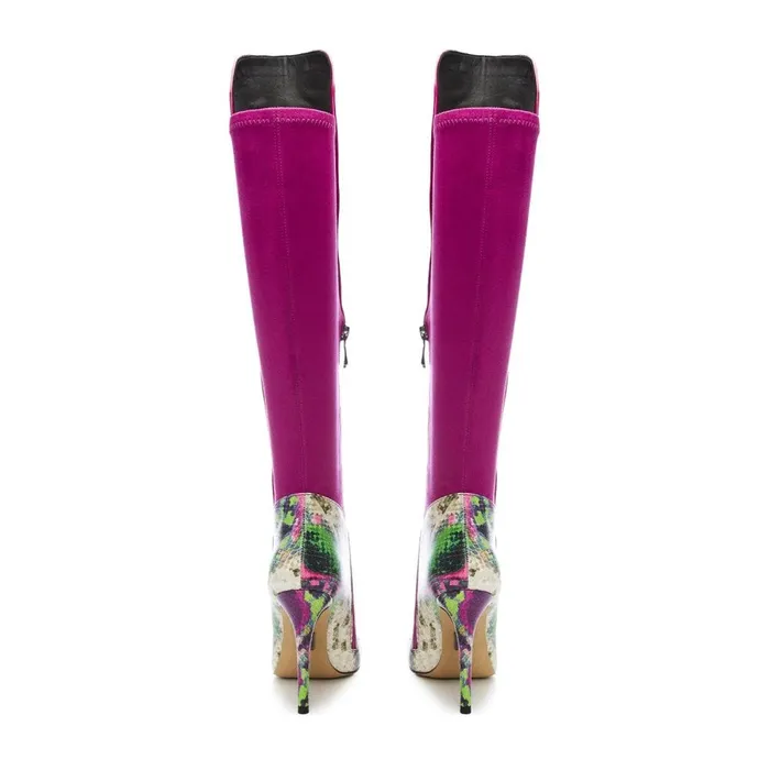 Knee High Boots Women Moda In Pelle Savi Purple Snake Print Leather
