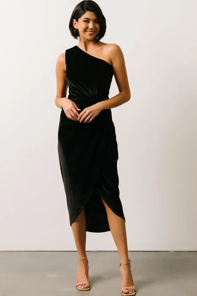 Kourtney Velvet One Shoulder Midi Dress Black Women Baltic Born Wedding Guest