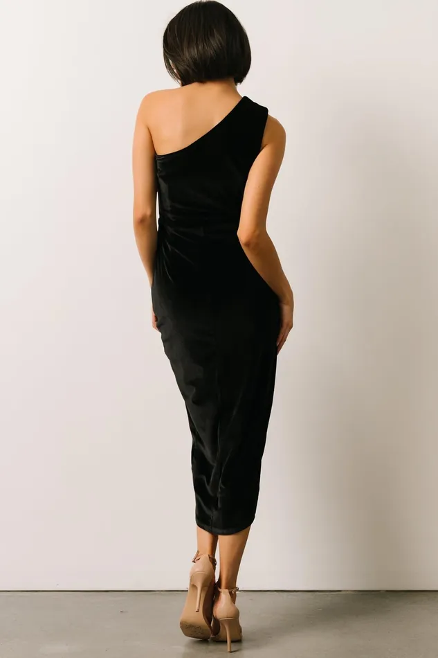 Kourtney Velvet One Shoulder Midi Dress Black Women Baltic Born Wedding Guest