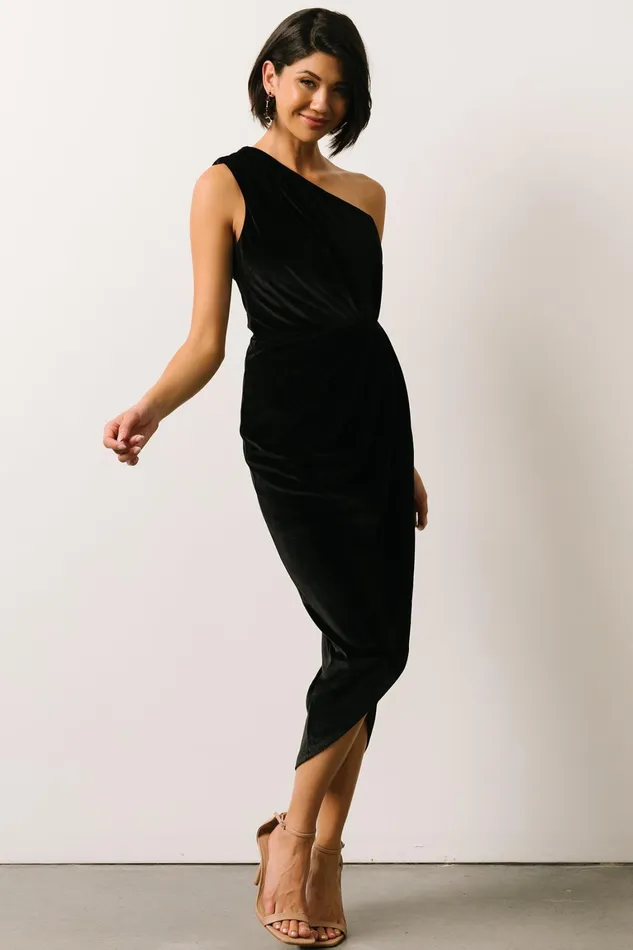 Kourtney Velvet One Shoulder Midi Dress Black Women Baltic Born Wedding Guest