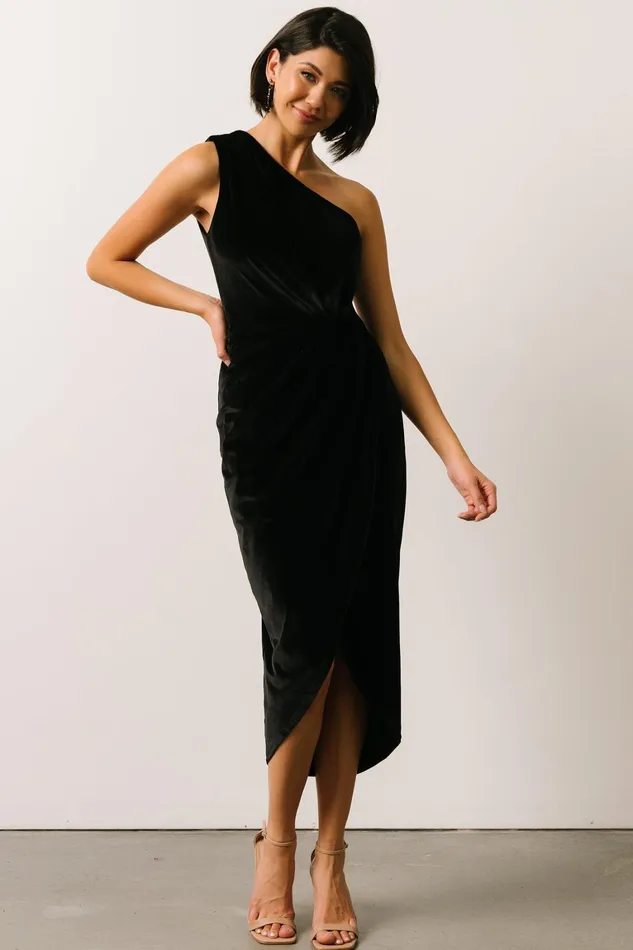 Kourtney Velvet One Shoulder Midi Dress Black Women Baltic Born Wedding Guest