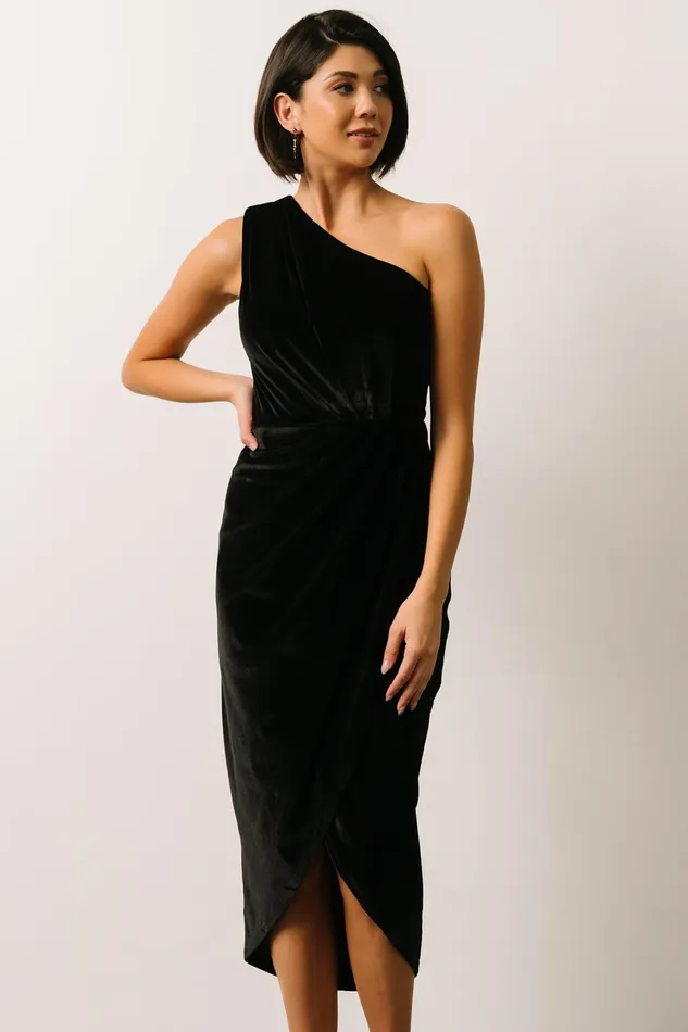 Kourtney Velvet One Shoulder Midi Dress Black Women Baltic Born Wedding Guest