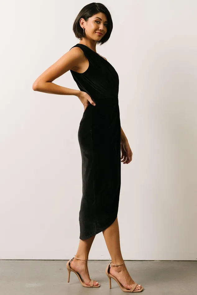 Kourtney Velvet One Shoulder Midi Dress Black Women Baltic Born Wedding Guest