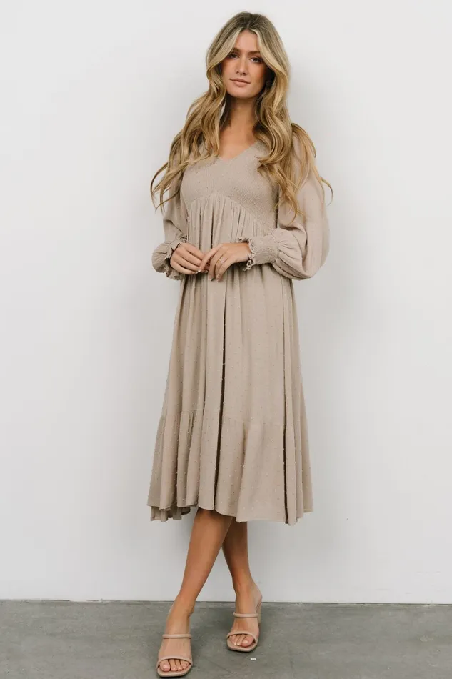 Lainey Smocked Dotted Midi Dress Beige Women Baltic Born Mother Of The Bride
