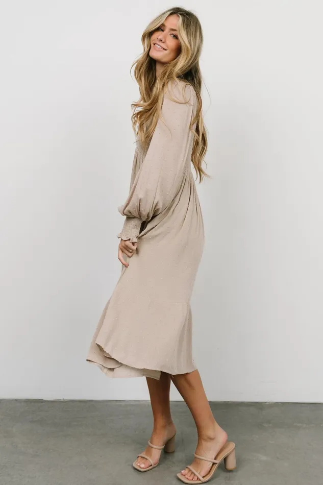 Lainey Smocked Dotted Midi Dress Beige Women Baltic Born Mother Of The Bride