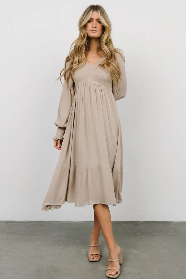 Lainey Smocked Dotted Midi Dress Beige Women Baltic Born Mother Of The Bride