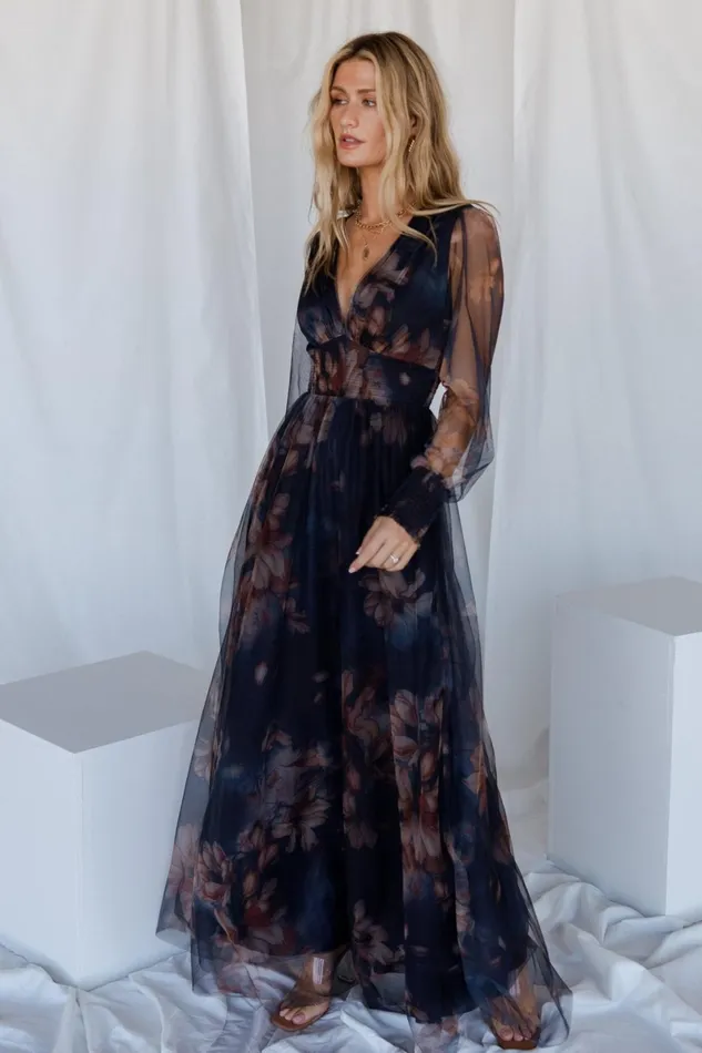 Layla Tulle Maxi Dress Dark Blue Floral Women Baltic Born Tulle Styles
