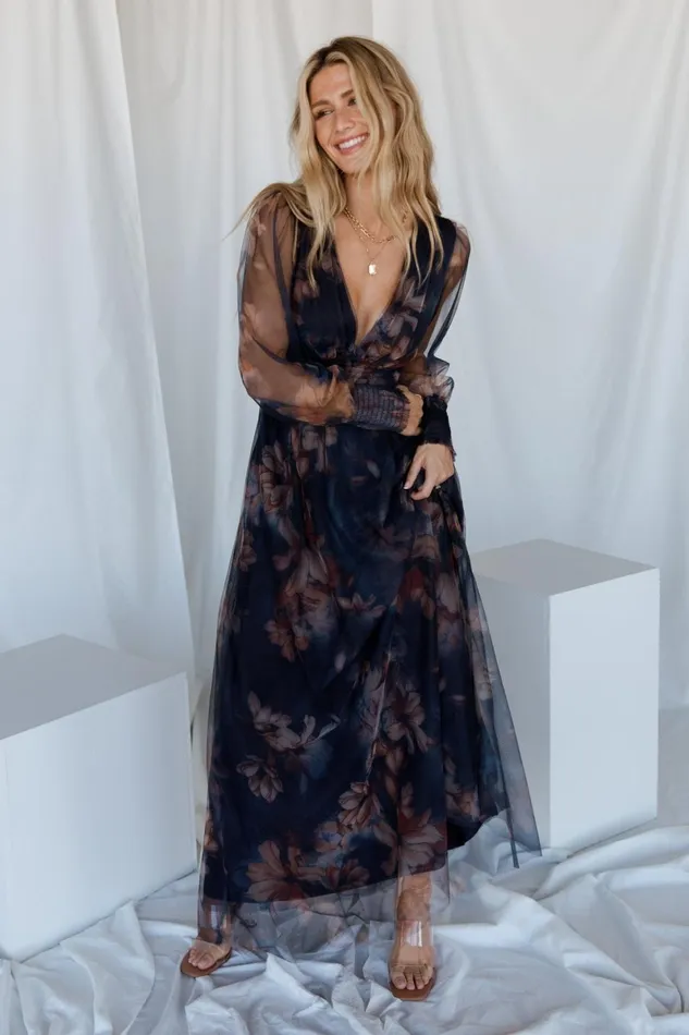 Layla Tulle Maxi Dress Dark Blue Floral Women Baltic Born Tulle Styles